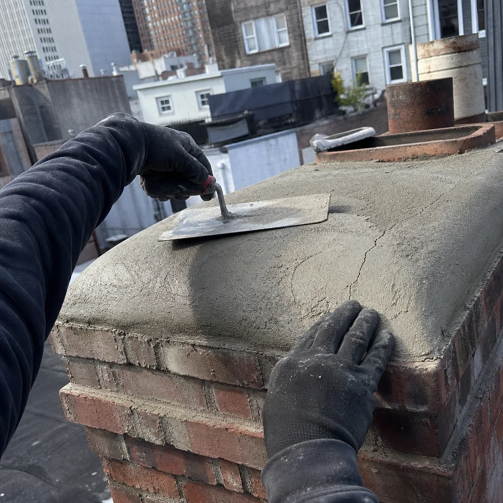 Professional contractor applying a new concrete chimney crown repair in Financial District, NY