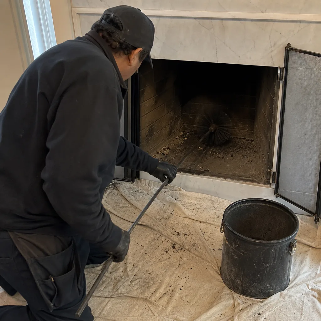 Professional chimney sweep cleaning a fireplace with a wire brush