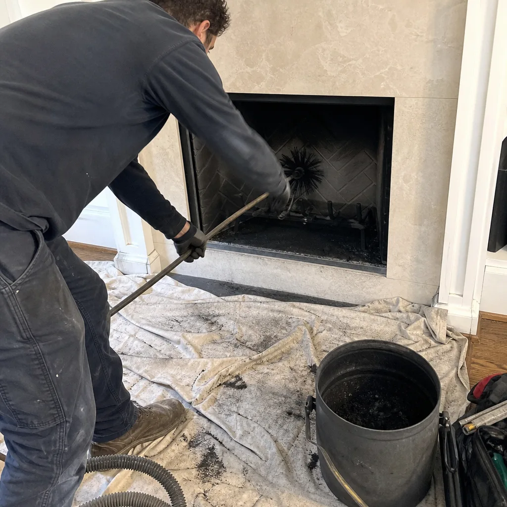 Professional chimney sweep cleaning a residential fireplace interior with a brush