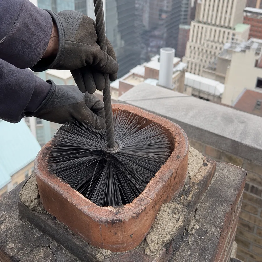 Professional chimney sweep cleaning a rooftop chimney flue with a wire brush