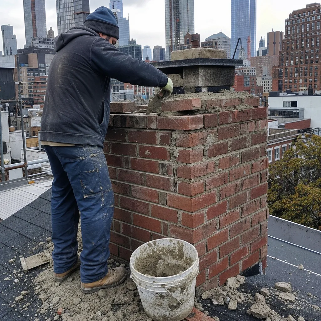 Professional mason performing expert brick chimney repair and mortar work on rooftop