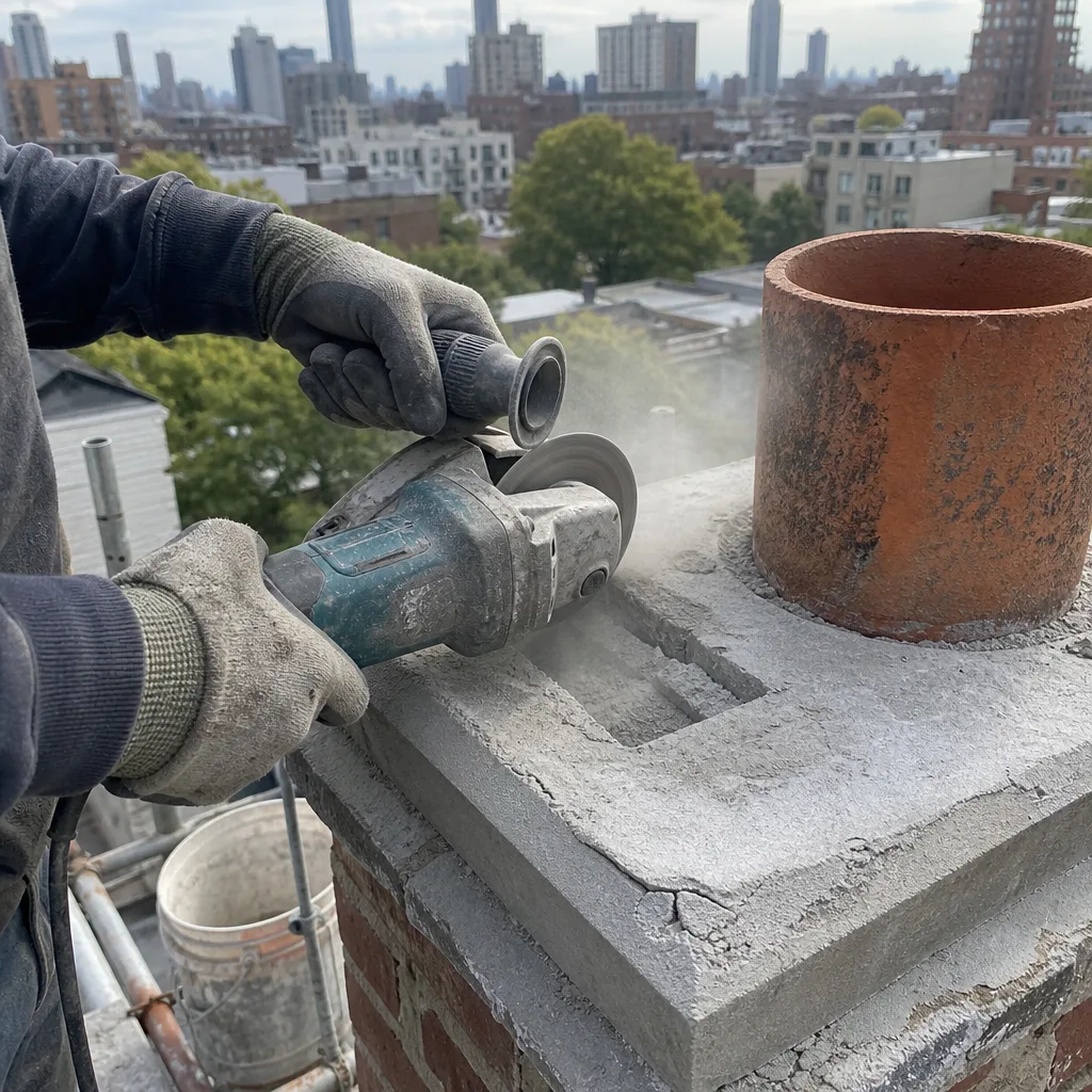 Professional contractor performing masonry repair on a residential rooftop chimney crown.